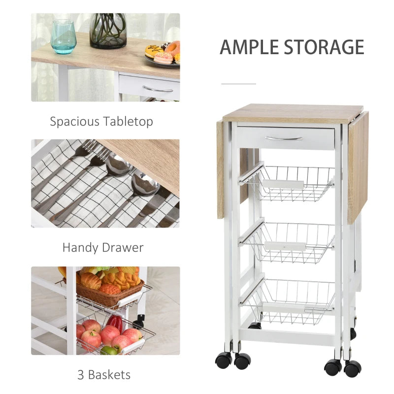 White Oak Drop-Leaf Kitchen Cart Trolley with Baskets and Drawer