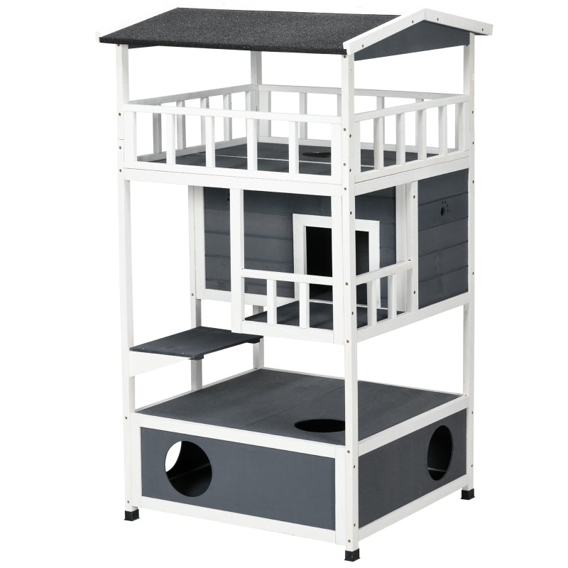 Grey Wooden 3-Tier Outdoor Cat House with Tilted Roof and Waterproof Paint