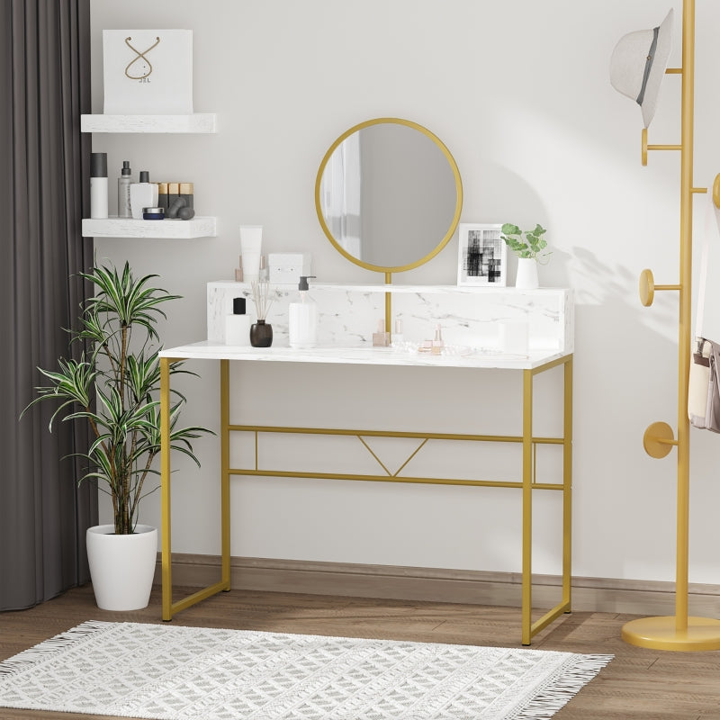 White Modern Vanity Dressing Table with Round Mirror and Faux Marble Texture