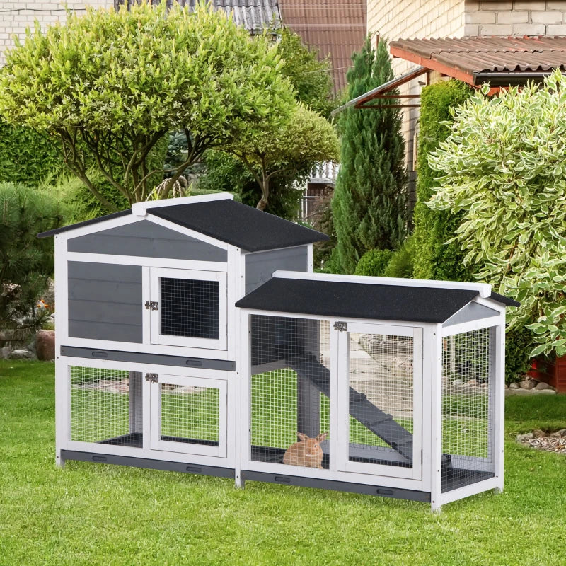 Grey 2-Tier Wooden Rabbit Hutch with Tray Ramp