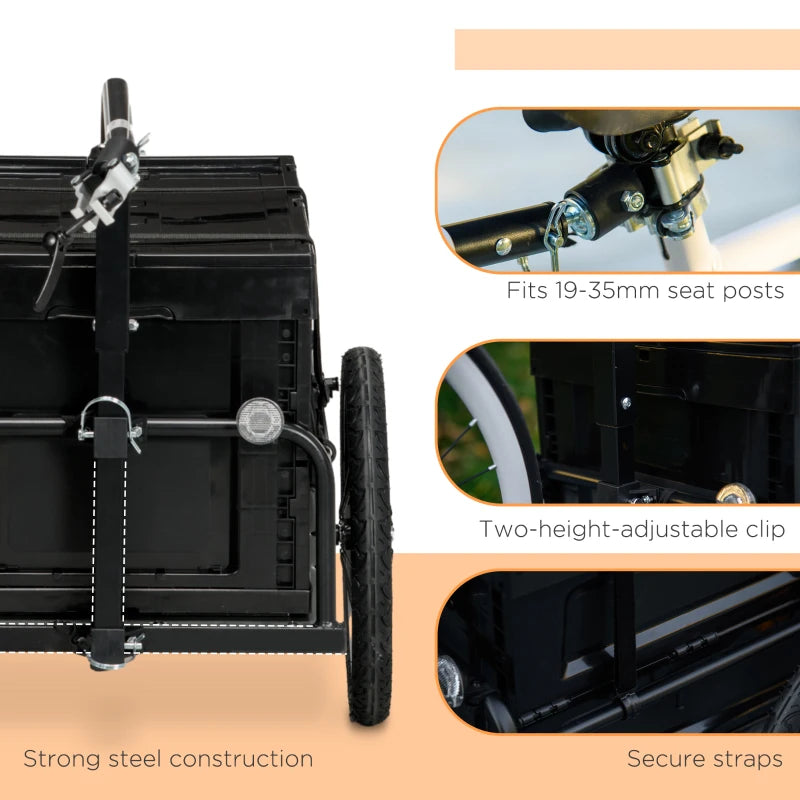 Black Steel Bike Cargo Trailer with 65L Storage Box, Reflectors - 40KG Capacity