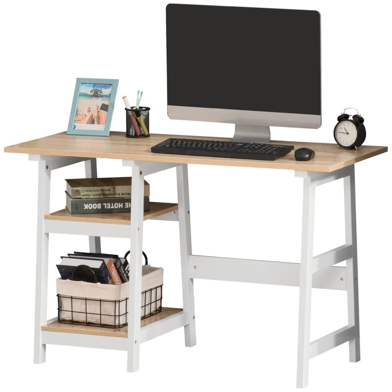 Compact White and Natural Computer Desk with Storage Shelves