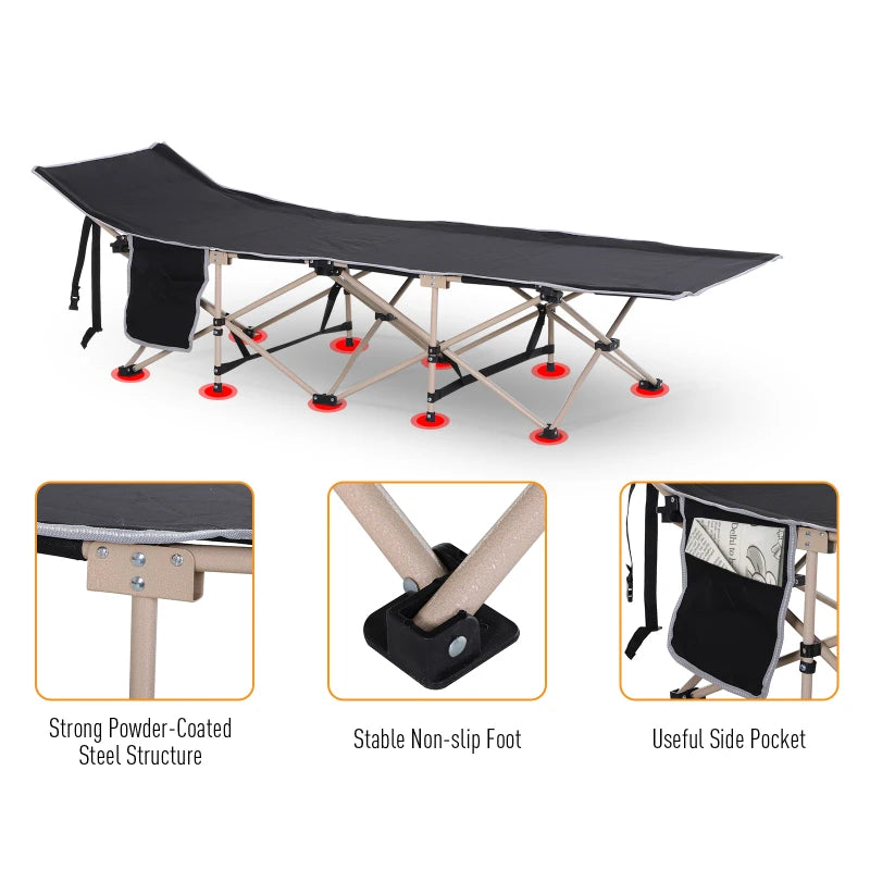 Portable Black Camping Cot with Side Pocket and Carry Bag