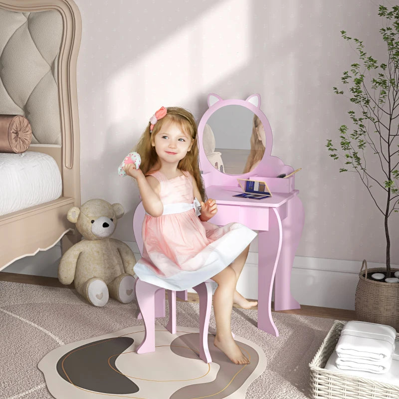 Kids Pink Cat Vanity Set with Mirror, Stool, Drawer & Storage - Ages 3-6