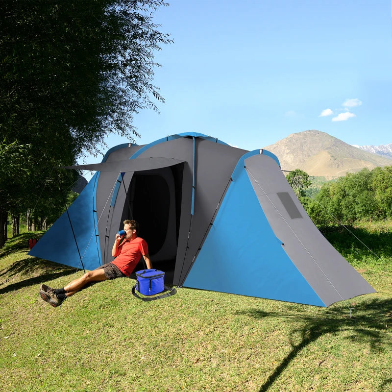 Blue 2-Bedroom Camping Tunnel Tent, 2000mm Waterproof, Portable for 4-6 People