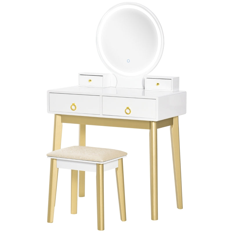 White LED Vanity Dressing Table Set with Mirror, 4 Drawers & Stool