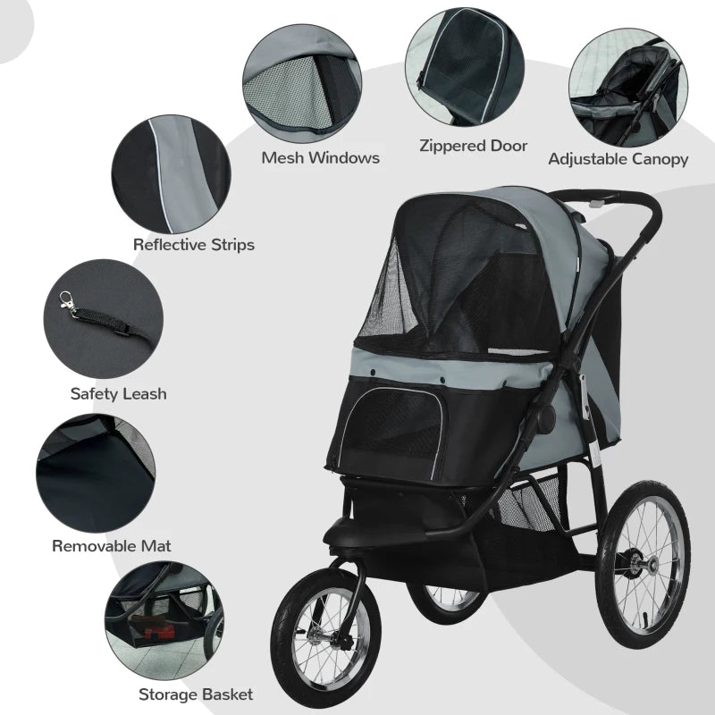 Grey Pet Stroller for Medium & Small Dogs - Foldable Jogger with Adjustable Canopy & Washable Cushion