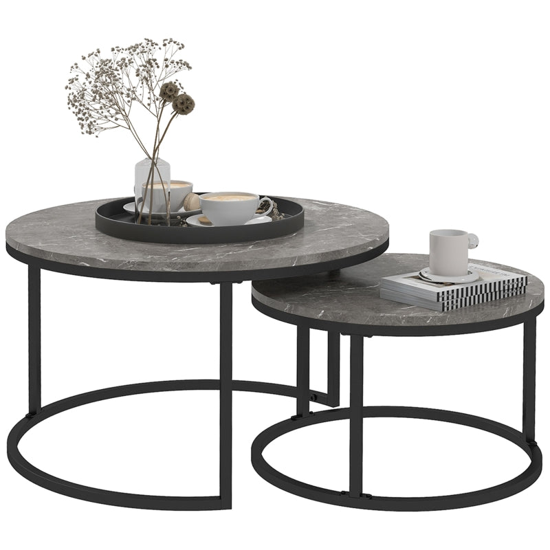 Round Industrial Nesting Coffee Table Set, Faux Marbled Top, Steel Frame, 2-Piece, Black