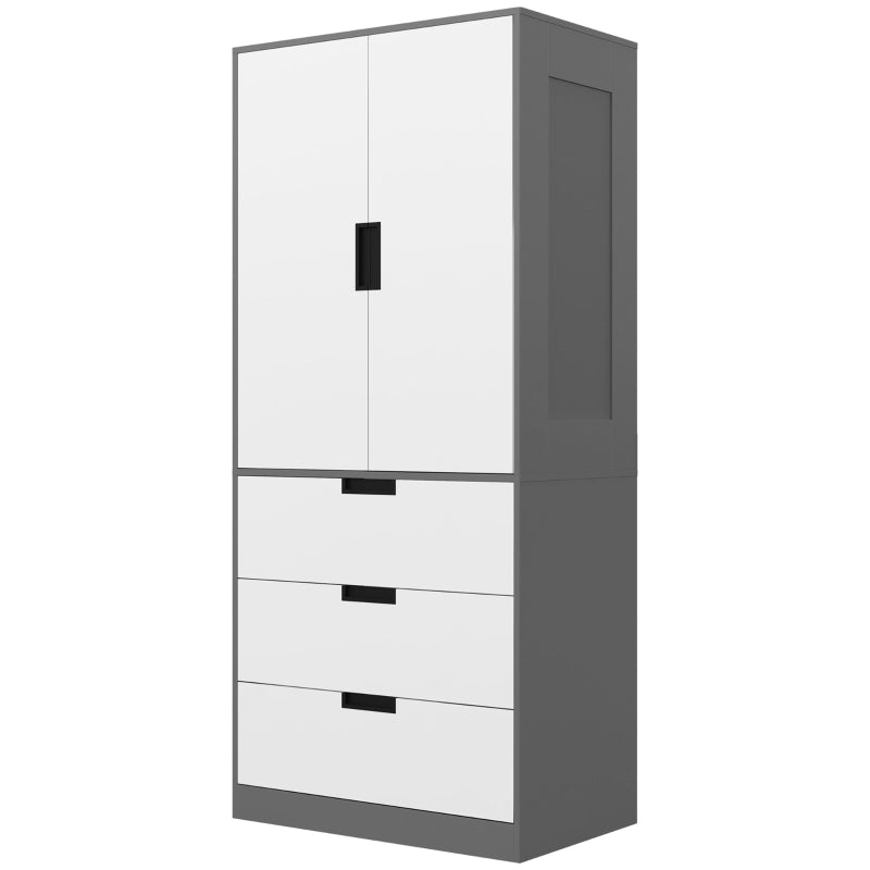 Grey 2-Door Wardrobe with Drawers and Hanging Rod for Bedroom