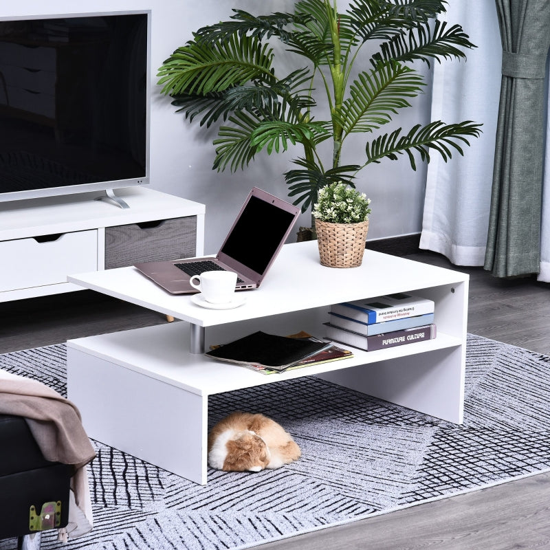 White 2-Tier Coffee Table with Storage and Open Shelf