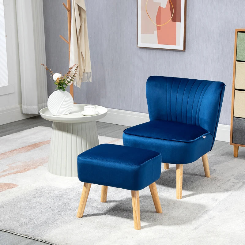 Dark Blue Velvet Accent Chair with Ottoman - Curved Back Tub Seat