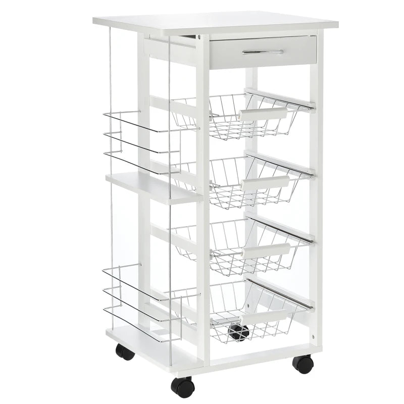 White Rolling Kitchen Cart with 4 Basket Drawers & Side Racks