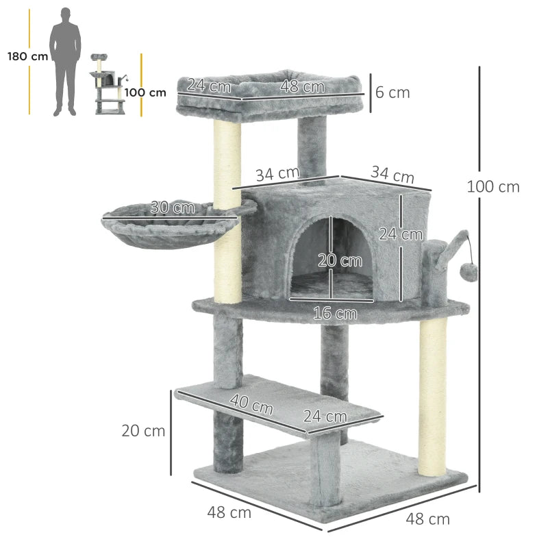 Grey 100cm Cat Tree Tower with Scratching Post