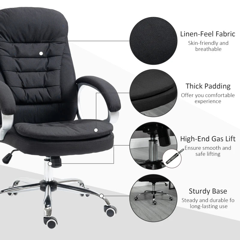 Black Linen Ergonomic Office Task Chair with Armrests & Swivel Wheels