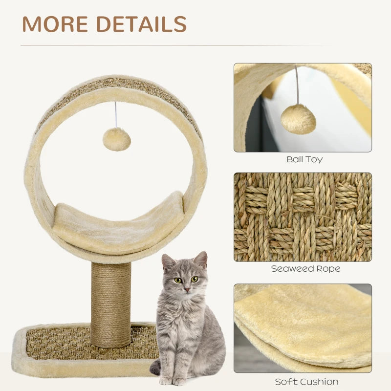 Beige Cat Tree with Scratching Post, Tunnel, Ball Toy - 56cm