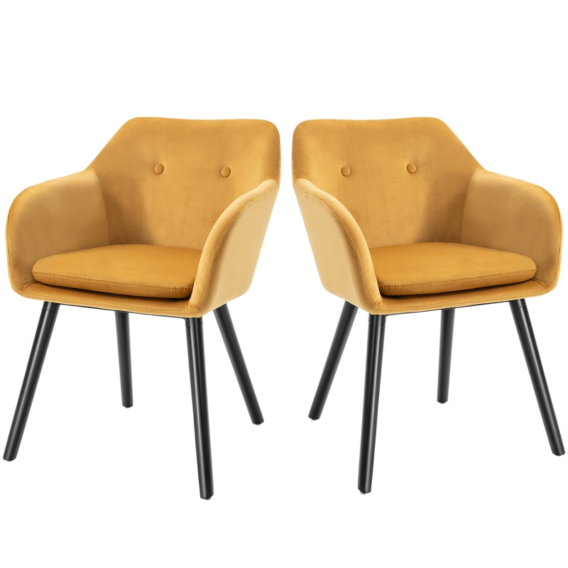 Yellow Velvet Upholstered Dining Chairs Set of 2 with Backrest and Armrests