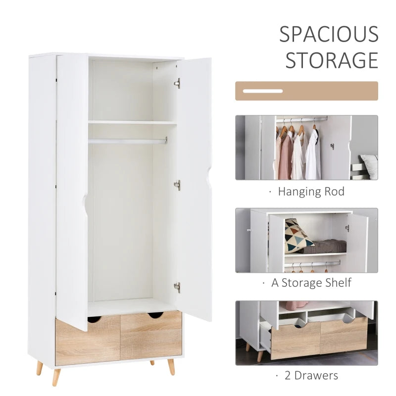 White 2-Door Wardrobe with Rail, Shelf, and Drawers - Home Storage Solution