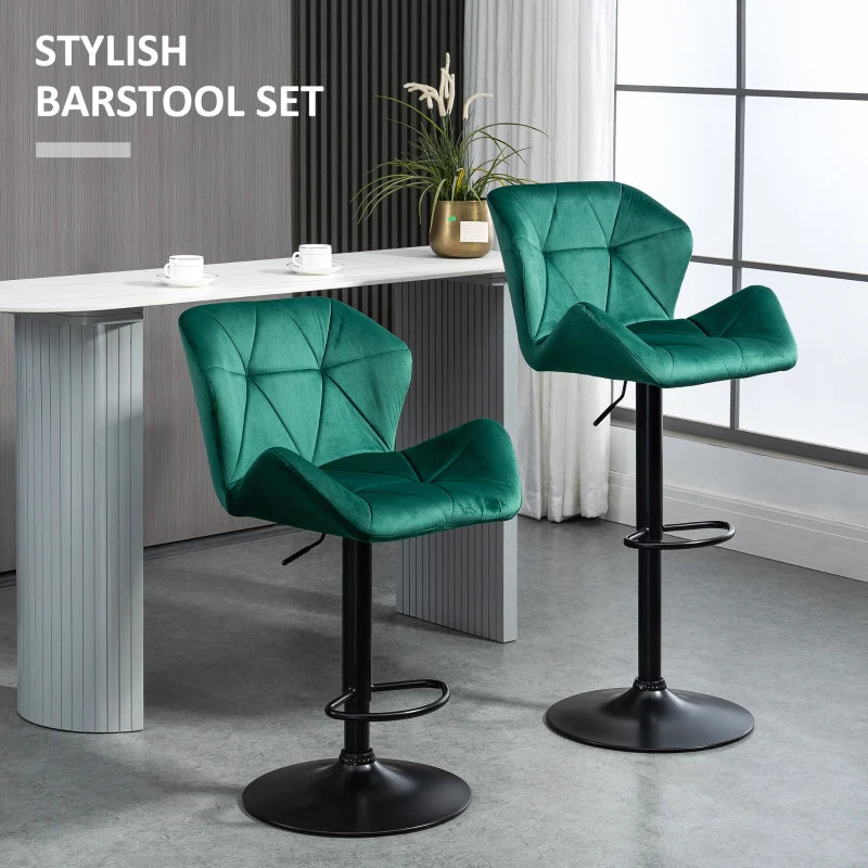 Green Velvet Bar Stools Set of 2 - Metal Frame, Adjustable Height, Swivel