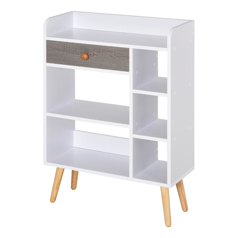 Modern White Grey Bookcase with Drawer and 6 Shelves