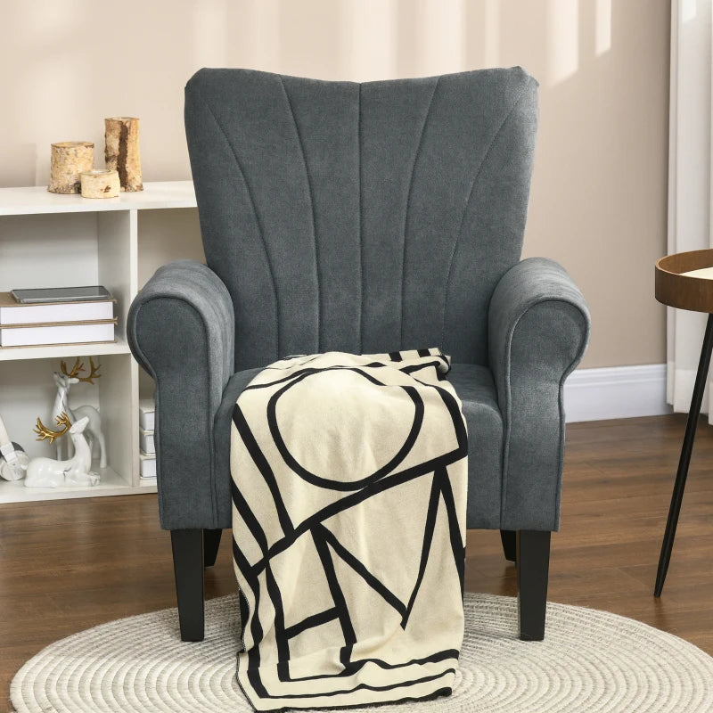Grey Upholstered High Back Accent Chair with Rolled Arms and Wood Legs