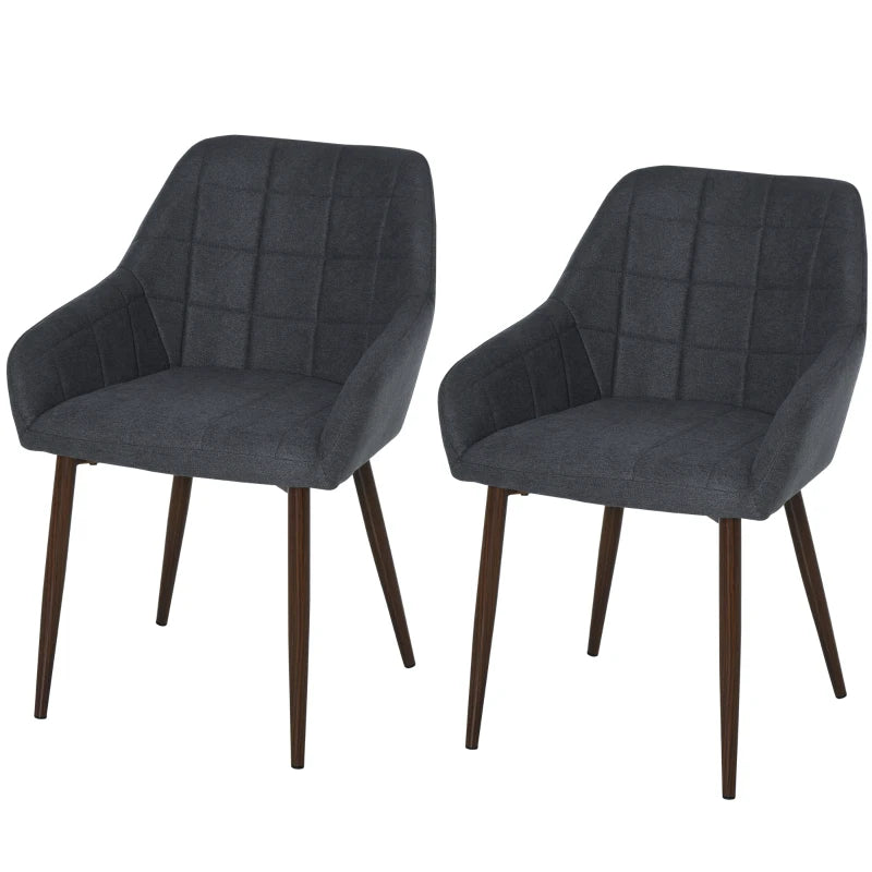 Dark Grey Linen Dining Chair Set with Grid Pattern Cushion