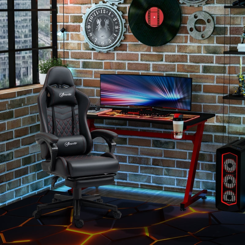 Black Red Racing Gaming Chair with Footrest and Swivel Wheel