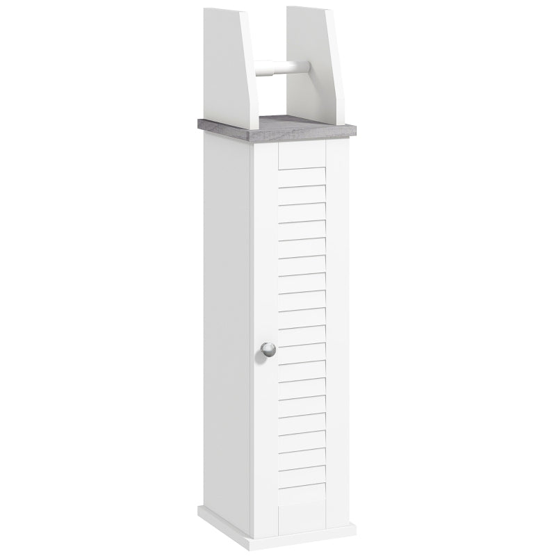 White Bathroom Floor Cabinet with Cupboard, Roll Holder & Adjustable Shelf