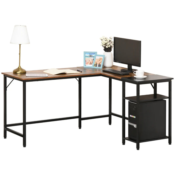 Rustic Brown L-Shaped Industrial Corner Desk with Adjustable Storage Shelf