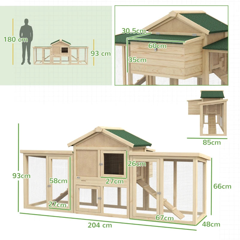 Wooden Chicken Coop with Run and Nesting Box - Large, 204 x 85 x 93cm (Brown)