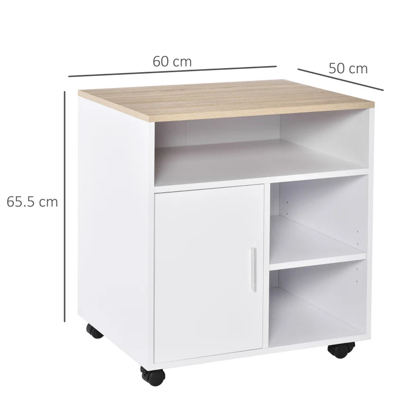 Oak Mobile Printer Stand with Storage - Modern Office Desk Unit