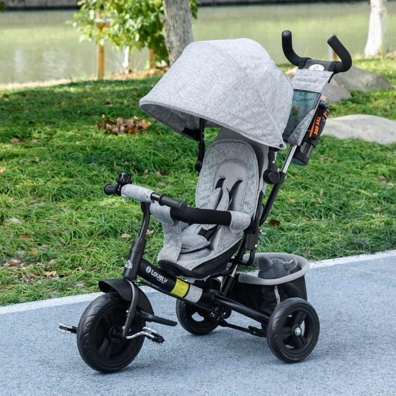Grey 6-in-1 Kids Trike with Push Handle, Canopy, Safety Belt, Storage & Brake