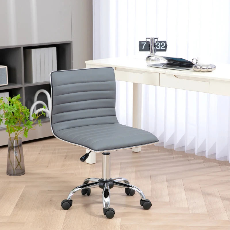 Light Grey Swivel Office Chair - Armless Mid-Back PU Leather, Chrome Base