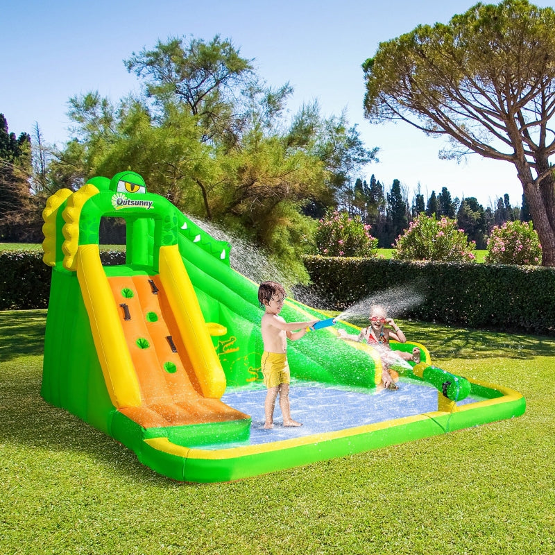 Kids Crocodile Bouncy Castle with Slide & Water Pool - Green