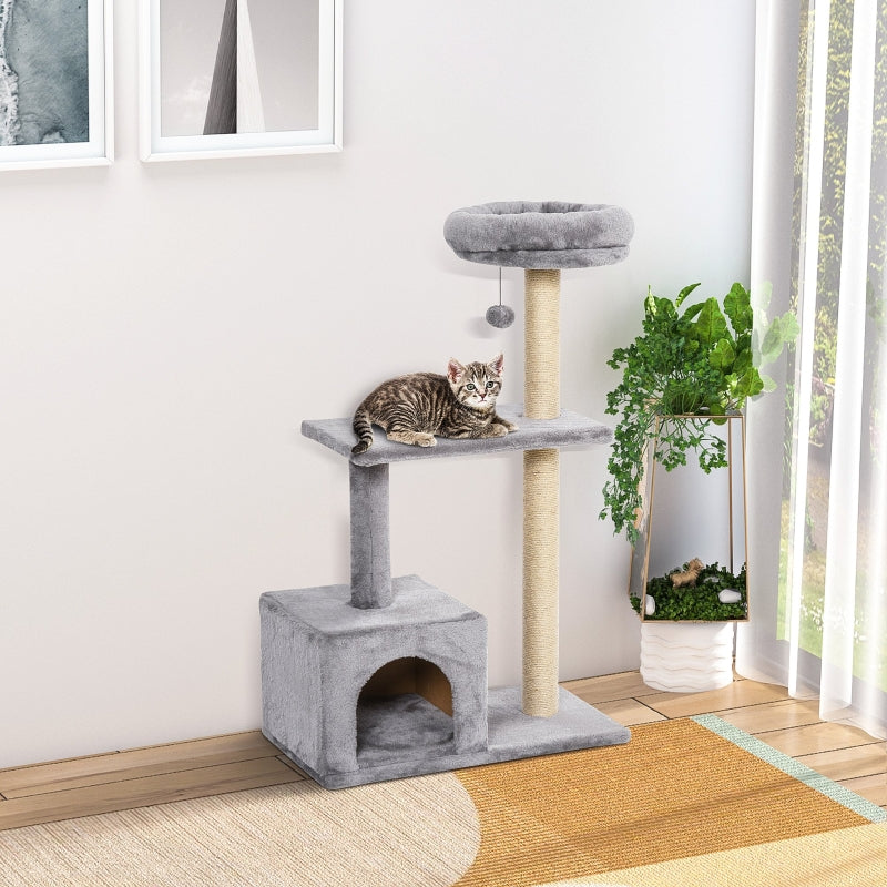 Grey Cat Tree Condo with Scratching Post and Dangling Ball