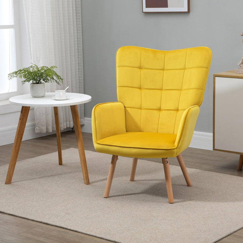 Yellow Velvet Tufted Wingback Armchair with Wood Legs