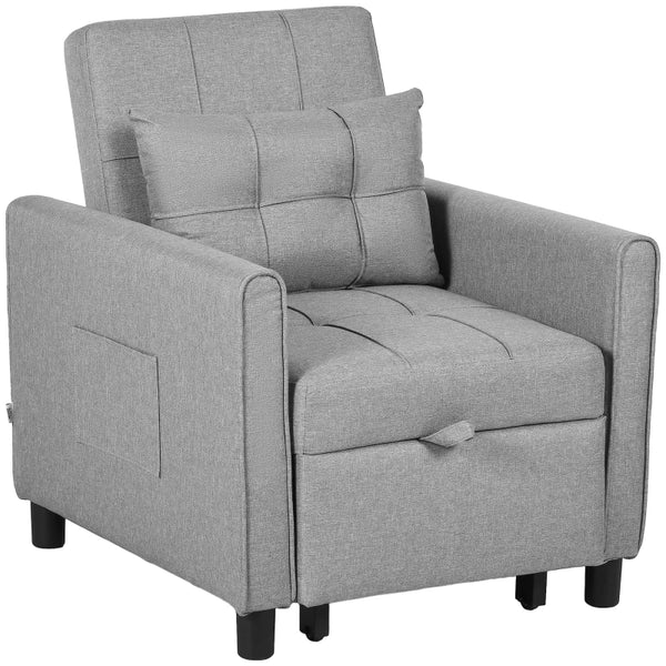 Convertible Sleeper Chair with Adjustable Backrest and Side Pockets, Light Grey