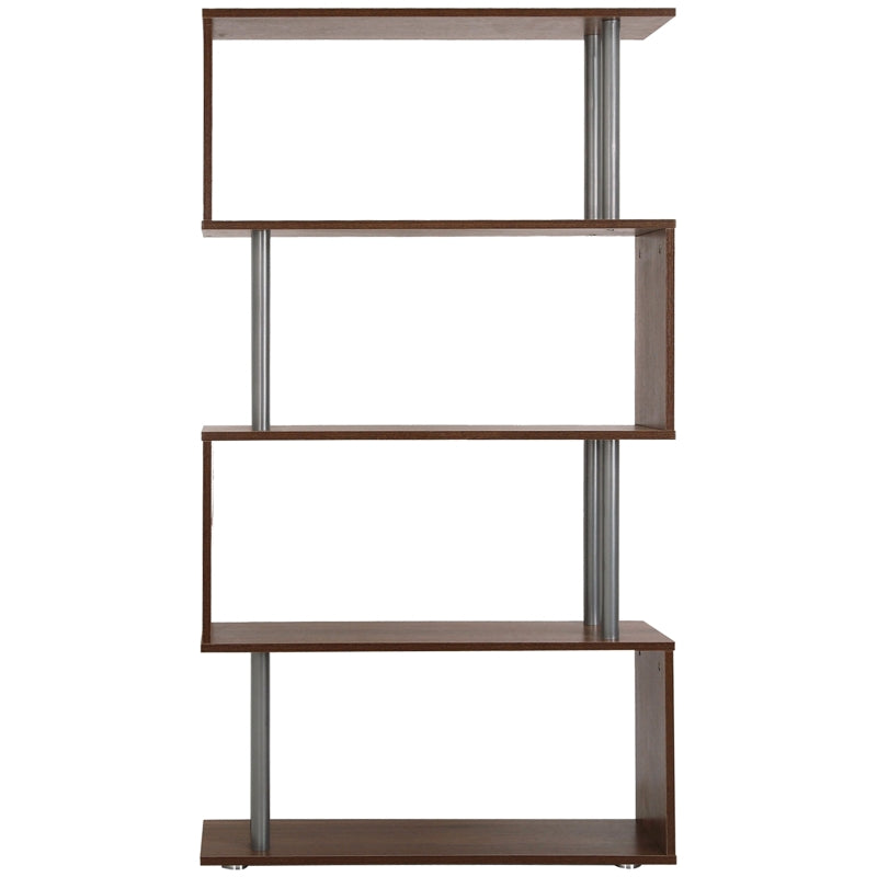 Modern Walnut S-Shaped 4-Tier Wooden Bookcase with Steel Frame