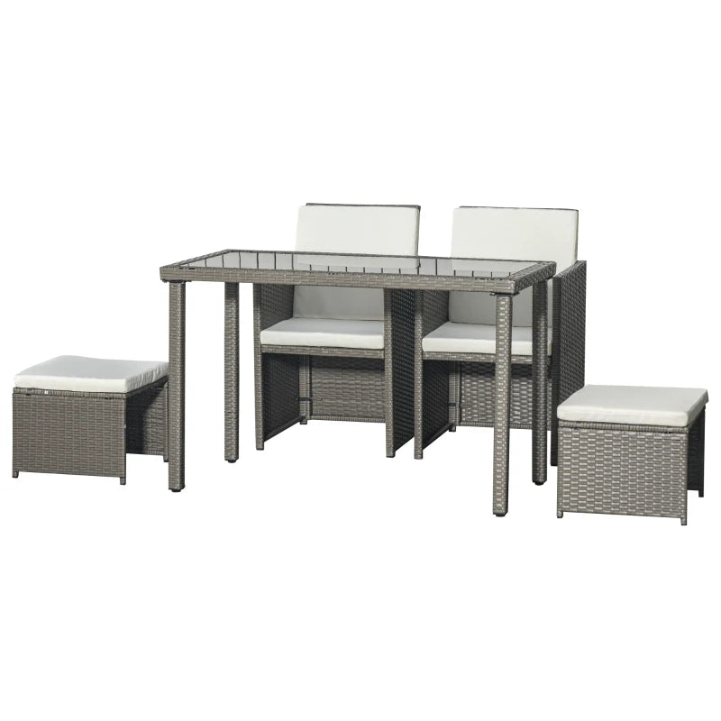 5-Piece Grey Rattan Dining Set with Cushioned Armchairs and Glass Table