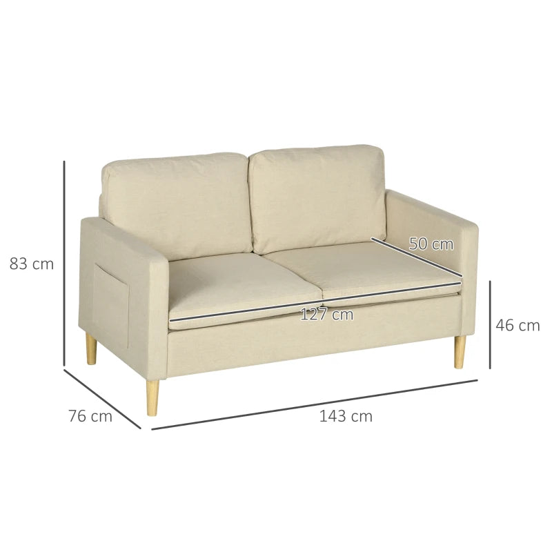 Beige Fabric Two Seater Sofa with Wood Legs and Pockets for Living Room