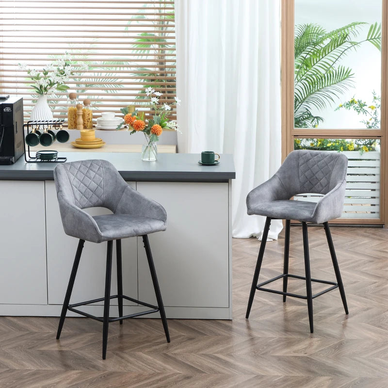 Grey Velvet Counter Height Bar Stools Set of 2 with Steel Legs