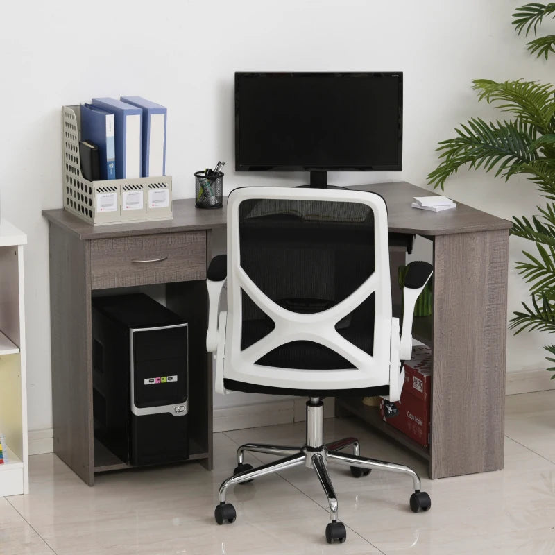 Grey L-Shaped Computer Desk with Shelves & Drawer