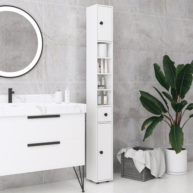 White 180cm Tall Slim Bathroom Storage Cabinet with Shelves