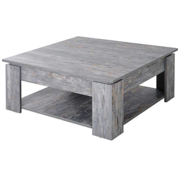 Grey Wood Grain 2-Tier Coffee Table with Bottom Storage Shelf