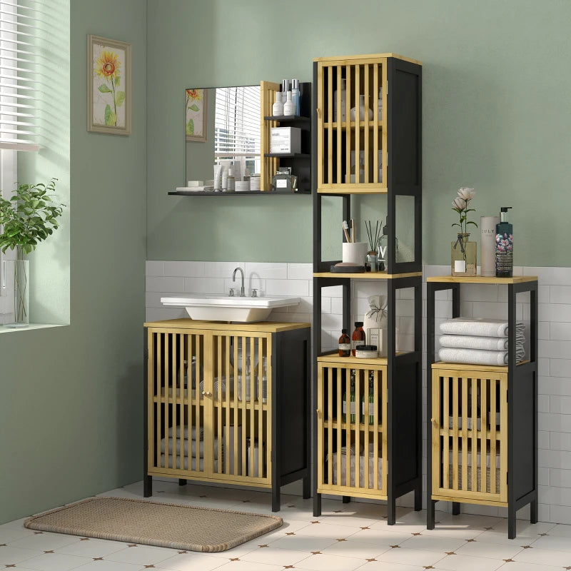 Bamboo Retro Cut-Out Tall Bathroom Storage - Natural Wood Color