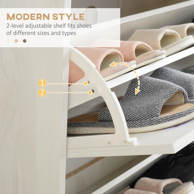 Cream White Slim Shoe Storage Cabinet with 3 Flip Drawers - 12 Pair Shoe Organizer