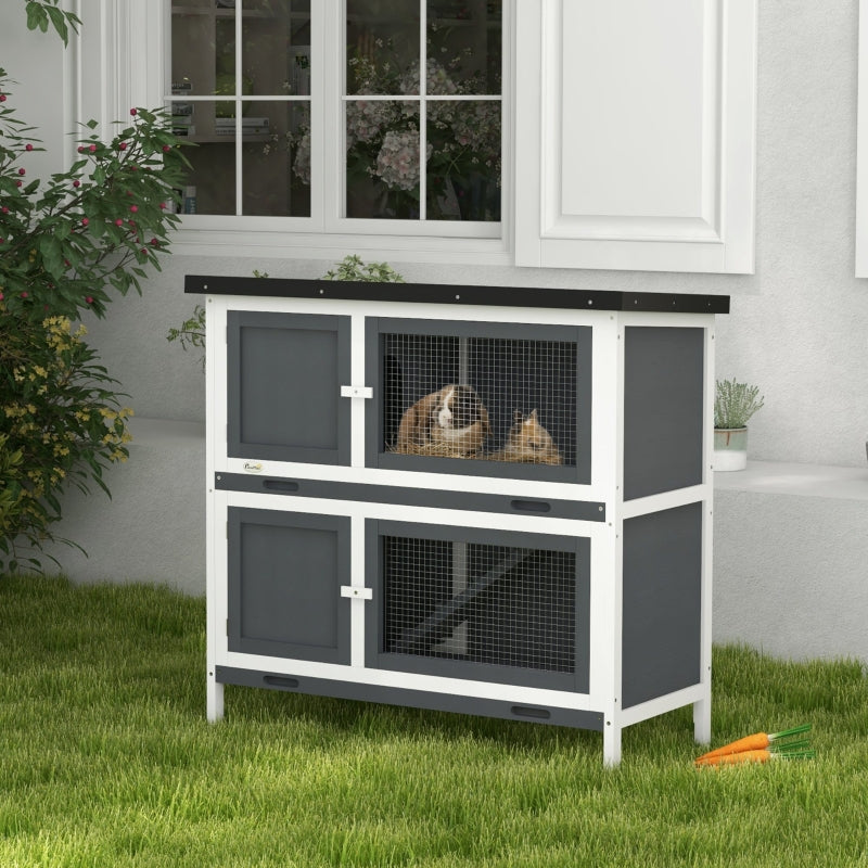 Grey 2 Tier Outdoor Rabbit Hutch with Sliding Tray, 100 x 47 x 91cm