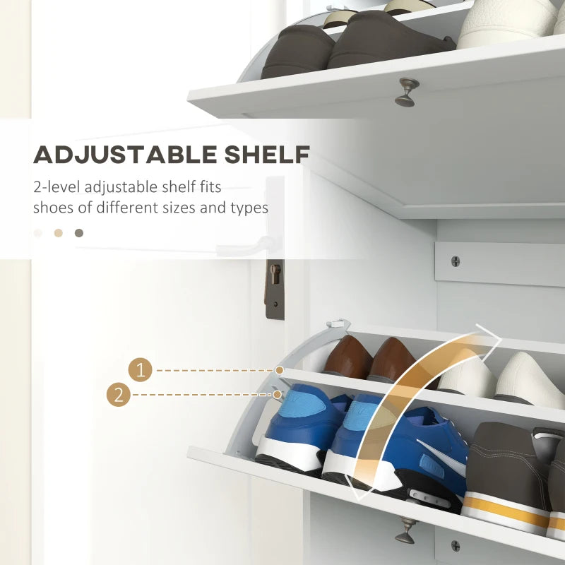 White Slim Shoe Cabinet with 3 Flip Drawers - 18 Pair Storage