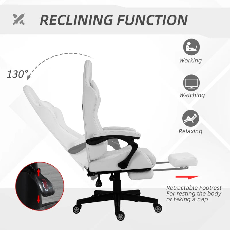 White Racing Gaming Chair with Swivel Wheel & Footrest
