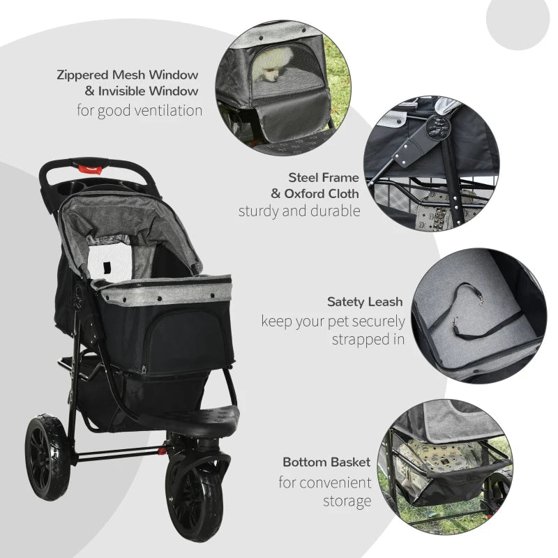 Grey Pet Stroller with Canopy & Storage for Small Pets