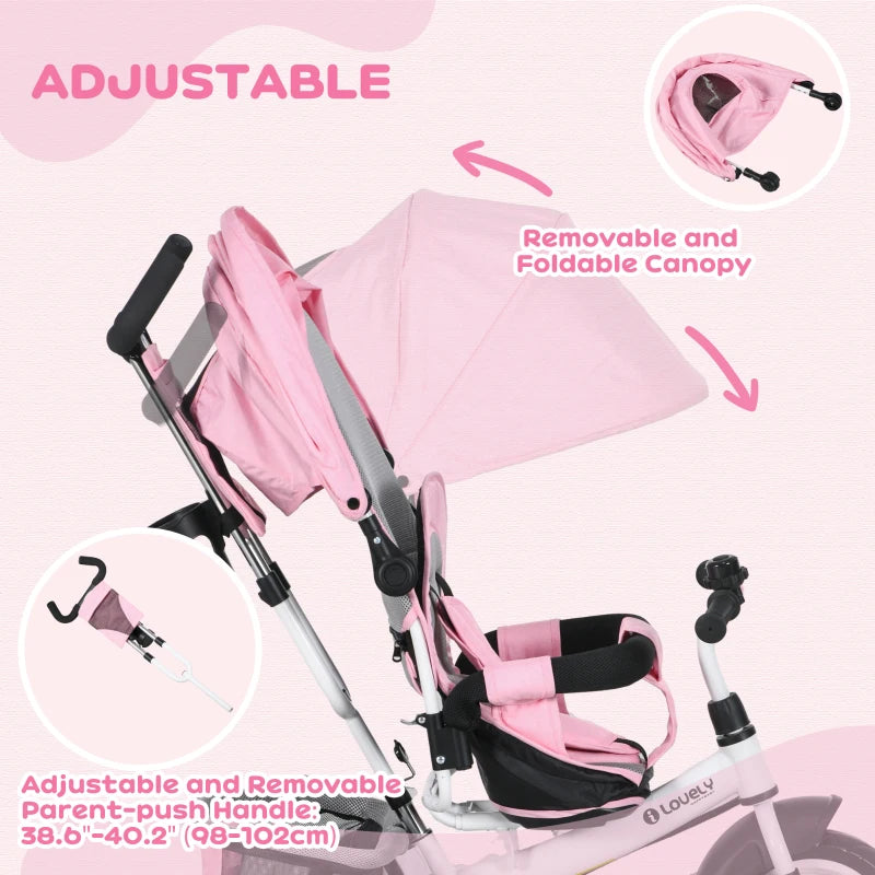 Pink 6-in-1 Kids Trike with Push Handle, Canopy, Safety Belt, Storage, Footrest, Brake